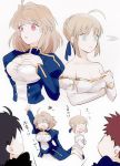  2boys 2girls :o ahoge antenna_hair arcueid_brunestud arcueid_brunestud_(cosplay) arm_up artoria_pendragon_(all) bangs bare_shoulders black_hair blonde_hair blue_dress blue_ribbon blush bouncing_breasts braided_bun breast_envy breasts cleavage cleavage_cutout closed_eyes collarbone cosplay costume_switch cropped_legs detached_sleeves dress emiya_shirou faceless fate/stay_night fate_(series) glasses green_eyes hair_ribbon hand_on_own_chest juliet_sleeves large_breasts long_sleeves looking_at_breasts medium_breasts multiple_boys multiple_girls no_eyes puffy_sleeves redhead ribbon saber saber_(cosplay) short_hair sidelocks surprised suzuakks toono_shiki tsukihime upper_body white_background 