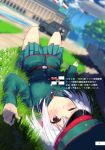  1girl adapted_uniform aircraft armored_vehicle belt blimp blurry building depth_of_field dirigible doujinshi dutch_angle flag grass ground_vehicle hat highres karo-chan lying military military_uniform on_back one_eye_closed original outdoors path perspective pleated_skirt road shade short_hair silver_hair skirt sky soldier tree uniform violet_eyes world_war_i 