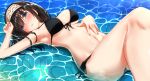  1girl bikini black_bikini black_hair blue_eyes blush breasts cleavage eyebrows_visible_through_hair front-tie_top go-1 hair_over_eyes hairband hand_on_own_stomach hips idolmaster idolmaster_cinderella_girls idolmaster_cinderella_girls_starlight_stage knee_up large_breasts long_hair looking_at_viewer lying navel on_back parted_lips partially_submerged sagisawa_fumika side-tie_bottom solo swimsuit thighs waist water 