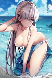  1girl all_fours anastasia_(fate/grand_order) arm_up bangs bare_shoulders beach bikini blue_eyes blue_sky blurry bracelet breasts cleavage clouds collarbone day depth_of_field detexted earrings eyebrows_visible_through_hair fate/grand_order fate_(series) hair_between_eyes hair_over_one_eye hairband head_tilt highres horizon jewelry large_breasts long_hair looking_at_viewer necklace necomi outdoors parted_lips sarong signature silver_hair sky solo strap_gap swimsuit third-party_edit very_long_hair water water_drop wet white_bikini 