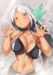  1girl against_fourth_wall against_glass armlet azur_lane bare_shoulders bikini_top black_bikini_top blush body_writing breasts choker cleavage colored_eyelashes dark_skin fingernails hair_ornament hands_up large_breasts leaning_forward long_hair looking_at_viewer massachusetts_(azur_lane) midriff native_american navel outstretched_hand parted_lips pokachu red_eyes silver_hair solo steam sweat very_long_hair wet 