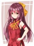  1girl armpits blush bow breasts china_dress chinese_clothes closed_mouth dress eyebrows_visible_through_hair hair_between_eyes hair_bow highres kamikaze_(kantai_collection) kantai_collection long_hair mr._kr orange_eyes purple_hair side_slit small_breasts solo yellow_bow 