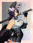  1girl black_gloves black_jacket breasts commentary_request gloves graphite_(medium) hand_on_hip headgear highres holding holding_sword holding_weapon jacket kantai_collection mechanical_pencil namakura_neo off_shoulder over_shoulder partly_fingerless_gloves pencil profile purple_hair remodel_(kantai_collection) shirt sleeveless sleeveless_shirt solo sword sword_over_shoulder tenryuu_(kantai_collection) traditional_media weapon weapon_over_shoulder white_shirt 