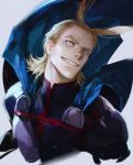  1boy all_might alle_page antenna_hair blonde_hair blue_cape blue_eyes boku_no_hero_academia cape cropped_bust grey_background grin male_focus simple_background smile superhero younger 