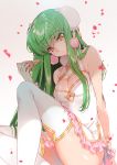  1girl bangs bare_shoulders blush breasts c.c. china_dress chinese_clothes cleavage cleavage_cutout closed_mouth code_geass commentary_request creayus double_bun dress eyebrows_visible_through_hair food frilled_dress frills green_hair long_hair looking_at_viewer petals pink_frills pizza shiny shiny_hair shiny_skin solo thigh-highs white_dress white_legwear yellow_eyes 