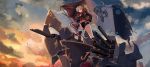  1girl armor azur_lane blonde_hair boots breasts cannon flag high_heels highres jean_bart_(azur_lane) long_hair medium_breasts midriff military military_uniform mismatched_footwear mismatched_legwear palamecia_(msndeath) ponytail red_eyes short_shorts shorts striped striped_legwear sunset uniform weapon 