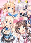  4girls a.i._channel akizora_momiji animal_ears aqua_eyes bare_shoulders blue_eyes blush breasts cleavage fang fox_ears heart highres kaguya_luna kaguya_luna_(character) kemomimi_oukoku_kokuei_housou kizuna_ai large_breasts looking_at_viewer mikoko_(kemomimi_oukoku_kokuei_housou) mirai_akari mirai_akari_project multiple_girls open_mouth paw_pose skirt sleeveless smile virtual_youtuber 