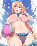  1girl ball beachball bikini black_bikini blonde_hair blue_eyes blue_sky breasts clouds commentary_request cowboy_shot day eyebrows_visible_through_hair frilled_bikini frills from_below front-tie_bikini front-tie_top hasu_(hk_works) large_breasts long_hair looking_at_viewer mirai_akari mirai_akari_project navel open_mouth sky smile solo standing swimsuit under_boob virtual_youtuber water 