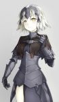  1girl armor armored_dress chains cowboy_shot dress eyebrows_visible_through_hair fate/apocrypha fate_(series) gauntlets grey_background grey_dress highres jeanne_d&#039;arc_(alter)_(fate) jeanne_d&#039;arc_(fate)_(all) looking_at_viewer peace_inari short_hair silver_hair simple_background solo standing yellow_eyes 