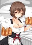  1girl alcohol animal_print apron bangs bear_print beer beer_mug black_dress boko_(girls_und_panzer) breasts brown_eyes brown_hair cleavage closed_mouth commentary corset cup dirndl dress frilled_apron frilled_dress frills froth german_clothes girls_und_panzer hanchou_(shirokun555) holding holding_cup indoors large_breasts looking_at_viewer nishizumi_maho one_eye_closed partially_colored puffy_short_sleeves puffy_sleeves short_hair short_sleeves smile solo standing upper_body waist_apron white_apron 