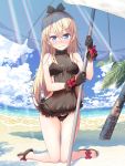  1girl beach black_gloves black_swimsuit blonde_hair blue_eyes blush bow closed_mouth embarrassed eyebrows_visible_through_hair fisheye game_cg gloves hair_bow hairband highres kirara_fantasia kneeling long_hair looking_at_viewer navel new_game! official_art one-piece_swimsuit outdoors see-through solo sunlight swimsuit tokunou_shoutarou wavy_mouth yagami_kou 