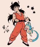  1boy :d animal belt black_eyes black_footwear black_hair clenched_hands commentary_request dated dougi dragon_ball dragonball_z floating full_body long_hair looking_away male_focus muscle number number_pun open_mouth pink_background puar simple_background sleeveless smile spiky_hair star tail yamcha 