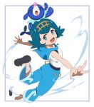  1girl anime_coloring baggy_pants blue_eyes blue_hair border footwear_removed hairband happy hari611 looking_at_viewer looking_back open_mouth outstretched_arms pants pokemon pokemon_(anime) pokemon_(game) pokemon_on_head pokemon_sm popplio sailor_collar sandals shirt simple_background sleeveless sleeveless_shirt smile solo suiren_(pokemon) swimsuit swimsuit_under_clothes white_background 
