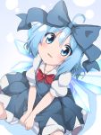  1girl alternate_hair_ornament blue_dress blue_eyes blue_hair blue_ribbon cirno commentary_request do_(4-rt) dress eyebrows_visible_through_hair fang hair_between_eyes hair_ribbon highres ice ice_wings parted_lips puffy_short_sleeves puffy_sleeves ribbon short_hair short_sleeves sitting solo touhou wings 