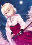  1girl ahoge black_bow blonde_hair blush bow cherry_blossoms collarbone day dutch_angle fate/grand_order fate_(series) full_moon hair_between_eyes hair_bow hakama holding holding_sheath japanese_clothes kimono mizunashi_hayate moon okita_souji_(fate) okita_souji_(fate)_(all) outdoors pink_kimono red_hakama sheath sheathed shiny shiny_hair short_hair smile solo standing yellow_eyes 