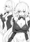  1girl absurdres ahoge apron arm_at_side artoria_pendragon_(all) artoria_pendragon_(swimsuit_rider_alter) artoria_pendragon_(swimsuit_rider_alter)_(cosplay) bare_shoulders bikini blush braid breast_hold breasts cosplay cowboy_shot eyebrows_visible_through_hair fate/grand_order fate_(series) french_braid frilled_bikini_top greyscale haruyuki_(yukichasoba) highres jacket jeanne_d&#039;arc_(alter)_(fate) jeanne_d&#039;arc_(fate)_(all) large_breasts leg_garter long_hair looking_at_viewer looking_to_the_side maid_bikini maid_headdress midriff monochrome multiple_persona navel one_eye_closed open_clothes open_jacket swimsuit tears very_long_hair waist_apron 
