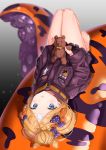  1girl abigail_williams_(fate/grand_order) absurdres bangs bare_legs barefoot black_bow black_jacket blonde_hair blue_eyes blurry blurry_background blush bow commentary depth_of_field fate/grand_order fate_(series) grey_background hair_bow hair_bun highres holding holding_stuffed_animal jacket long_hair long_sleeves looking_at_viewer lying on_back orange_bow parted_bangs parted_lips polka_dot polka_dot_bow sleeves_past_fingers sleeves_past_wrists sog-igeobughae solo stuffed_animal stuffed_toy suction_cups teddy_bear tentacle 