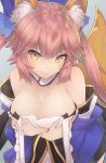 1girl animal_ear_fluff animal_ears bare_shoulders breast_hold breasts cleavage close-up collarbone commentary_request detached_sleeves eyebrows_visible_through_hair fate/extra fate/extra_ccc fate/grand_order fate_(series) fox_ears fox_girl fox_tail hair_between_eyes highres japanese_clothes large_breasts lips pink_hair pink_lips shiny shiny_skin smile tail tamamo_(fate)_(all) tamamo_no_mae_(fate) twintails urigarasu yellow_eyes 