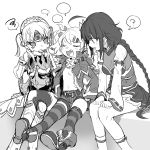  3girls ? annoyed ara_han chiliarch_(elsword) code:_empress_(elsword) crown drone elsword eve_(elsword) facial_mark fang forehead_jewel hair_ornament highres hiraijin little_specter_(elsword) luciela_r._sourcream moby_(elsword) multiple_girls remy_(elsword) smile talking 