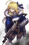  1girl ahoge alternate_weapon arm_guards artoria_pendragon_(all) blonde_hair blue_jacket blue_ribbon bow expressionless fate/stay_night fate_(series) goomrrat green_eyes gun hair_bow highres jacket long_hair looking_to_the_side ponytail ribbon rifle scope smoke solo weapon 