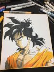  1boy black_eyes black_hair chest close-up commentary_request dougi dragon_ball dragonball_z expressionless face frown graphite_(medium) highres lee_(dragon_garou) long_hair looking_away male_focus marker_(medium) mechanical_pencil muscle paper pencil photo serious shaded_face shikishi short_hair simple_background spiky_hair traditional_media upper_body white_background yamcha 