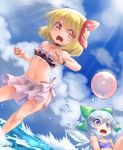  2girls :d alternate_costume araki_(qbthgry) arms_up ball bangs beachball bikini bikini_skirt blonde_hair blue_eyes blue_hair blue_sky bow choker cirno clouds commentary_request contrapposto dated day diffraction_spikes dutch_angle eyebrows_visible_through_hair fang feet_out_of_frame frilled_bikini_top hair_between_eyes hair_bow hair_ribbon lens_flare looking_at_viewer looking_to_the_side multiple_girls open_mouth outdoors red_eyes ribbon rumia short_hair signature sitting sky smile standing swept_bangs swimsuit touhou water water_drop wings wristband 