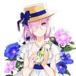  1girl blue_bow blue_flower blue_ribbon bottle bow braid collarbone dress fate/grand_order fate_(series) flower glasses hair_bow hair_over_one_eye hat hat_bow hat_ribbon head_tilt highres holding holding_bottle jewelry looking_at_viewer mash_kyrielight mona0101 necklace pink_flower pink_hair ribbon short_hair side_braid single_braid sleeveless sleeveless_dress smile solo straw_hat sun_hat upper_body violet_eyes white-framed_eyewear white_background white_dress 