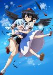  2girls bangs black_hair black_neckwear black_ribbon black_skirt black_wings blue_background blue_bow blue_dress blue_eyes blush blush_stickers bobby_socks bow brown_footwear camera cirno commentary_request dress eyebrows_visible_through_hair feathered_wings feathers feet_out_of_frame full_body geta hair_between_eyes hair_bow hands_up hat holding holding_another holding_camera ice ice_wings leg_up looking_at_viewer lunamoon miniskirt multiple_girls neck_ribbon one_eye_closed open_mouth petticoat pinafore_dress puffy_short_sleeves puffy_sleeves red_eyes red_footwear red_neckwear red_ribbon ribbon shameimaru_aya shirt shoes short_hair short_sleeves skirt snowflakes socks tassel tengu-geta the_memories_of_phantasm thighs tokin_hat touhou v white_legwear white_shirt wings 