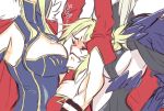  3girls armor artoria_pendragon_(all) artoria_pendragon_(lancer) artoria_pendragon_(lancer_alter) bandeau between_breasts blonde_hair braid breasts cape cleavage fate/apocrypha fate/grand_order fate_(series) french_braid fur-trimmed_cape fur_trim gauntlets girl_sandwich hair_ornament hair_scrunchie large_breasts mordred_(fate) mordred_(fate)_(all) multiple_girls pauldrons ponytail red_cape red_scrunchie sandwiched scrunchie sideboob sidelocks takatsuki_nato under_boob 