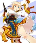  1girl absurdres bangs breasts dual_wielding elsword eyebrows_visible_through_hair gun hair_between_eyes hair_ornament handgun highres hiraijin holding holding_weapon large_breasts looking_at_viewer open_mouth revolver rose_(elsword) simple_background solo traditional_clothes weapon 