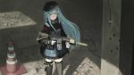  1girl assault_rifle bangs beret black_dress black_hat black_legwear blue_hair closed_mouth commentary_request dress facial_mark girls_frontline gloves green_eyes gun hair_ornament hat heckler_&amp;_koch hk416 hk416_(girls_frontline) holding holding_gun holding_weapon long_hair long_sleeves looking_at_viewer rifle solo standing thigh-highs thigh_strap traffic_cone turtleneck very_long_hair wasabi60 weapon white_gloves 