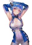  1girl ahoge armpits arms_behind_head azur_lane bangs bare_shoulders blue_gloves blue_hair blush breasts cleavage closed_mouth collarbone commentary covered_navel cowboy_shot dress elbow_gloves eyebrows_visible_through_hair garter_straps gloves hair_between_eyes hair_ornament hair_ribbon hanato_(seonoaiko) hand_in_hair head_tilt highres hips large_breasts light_smile long_hair looking_at_viewer ribbon short_dress side_slit sideboob sidelocks smile solo sparkle st._louis_(azur_lane) star symbol_commentary thighs tress_ribbon violet_eyes white_background white_gloves 
