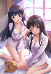  2girls alternative_girls bangs bed_sheet black_hair blunt_bangs blush bow breasts brown_eyes brown_hair buttons cleavage collarbone crossover day embarrassed green_eyes hair_bow highres indoors kotegawa_yui large_breasts long_hair long_sleeves looking_at_viewer medium_breasts multiple_girls no_panties official_art on_bed one_eye_closed open_mouth red_bow rubbing_eyes shirt sitting sleepy tendou_machi to_love-ru to_love-ru_darkness white_shirt window 