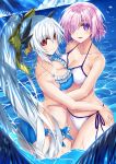  2girls aqua_hair ass asymmetrical_docking bikini blue_bikini blue_sky bow breast_press breasts cleavage clouds cowboy_shot cute day dragon_girl dragon_horns fate/grand_order fate_(series) frilled_bikini frills hair_over_one_eye highres horizon horns hug kiyohime_(fate/grand_order) kiyohime_(swimsuit_lancer)_(fate) long_hair love mash_kyrielight medium_breasts morizono_shiki multiple_girls ocean outdoors ponytail purple_hair red_eyes short_hair side-tie_bikini sky swimsuit violet_eyes water white_bikini white_hair yellow_bow yellow_eyes yuri 