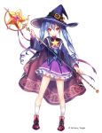  1girl blue_hair cape copyright_name frilled_skirt frills hat holding holding_weapon interitio looking_at_viewer red_eyes sid_story skirt socks staff star twintails uniform weapon witch witch_hat 