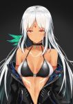  1girl arm_strap azur_lane bangs bare_shoulders bikini_top black_jacket blush breasts brown_eyes choker cleavage closed_mouth collarbone commentary dark_skin eyebrows_visible_through_hair feathers hair_feathers highres jacket large_breasts long_hair long_sleeves looking_at_viewer massachusetts_(azur_lane) multicolored_hair native_american navel off_shoulder open_clothes partially_unzipped septoleaf sidelocks signature silver_hair simple_background smile solo swimsuit swimsuit_under_clothes tan zipper 