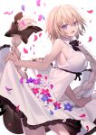  1girl absurdres alternate_costume bare_shoulders black_ribbon blonde_hair blue_eyes blue_flower braid breasts casual commentary_request contemporary cowboy_shot dress eyebrows_visible_through_hair fate/grand_order fate_(series) flower hair_ribbon highres jeanne_d&#039;arc_(fate) jeanne_d&#039;arc_(fate)_(all) large_breasts leaning_forward lifted_by_self long_braid long_hair looking_at_viewer open_mouth petals red_flower ribbon shinooji single_braid sleeveless sleeveless_dress very_long_hair white_dress white_flower 