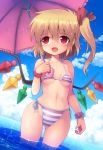  1girl bikini blonde_hair blue_sky breasts clouds commentary_request cowboy_shot crystal day dutch_angle fang flandre_scarlet frilled_umbrella kurogarasu open_mouth outdoors pink_bikini pink_umbrella purple_scrunchie red_eyes scrunchie short_hair side_ponytail sky small_breasts smile soaking_feet solo standing striped striped_bikini swimsuit thigh_gap touhou water wings wrist_scrunchie 