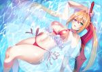  1girl :o aestus_estus bikini blonde_hair blush breasts breasts_apart commentary criss-cross_halter english_commentary fate/grand_order fate_(series) green_eyes halterneck highres large_breasts long_hair looking_at_viewer majin_(kiidoumajin) nero_claudius_(fate)_(all) nero_claudius_(swimsuit_caster)_(fate) red_bikini side-tie_bikini solo swimsuit sword twintails water weapon 