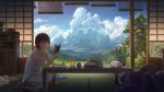 1girl bag book clouds commentary cup drinking_glass highres holding indian_style mouth_hold original scenery school_bag shirt short_hair short_shorts shorts sitting sky solo studying sugi87 t-shirt table tatami tissue_box tree 