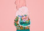  1girl artist_name backpack bag facing_away flower hood hoodie leaf_print medium_hair meyoco original pink_background pink_flower pink_hair plant simple_background solo upper_body water white_flower 