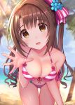  1girl arm_support bikini blurry blush bow breasts brown_eyes brown_hair collarbone commentary_request depth_of_field eyebrows_visible_through_hair hair_between_eyes hair_bow hair_ornament highres horizontal_stripes idolmaster idolmaster_cinderella_girls large_breasts left-handed long_hair looking_at_viewer one_side_up open_mouth outdoors shimamura_uzuki smile solo strap_pull striped striped_bikini swimsuit u_rin 