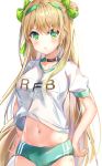  1girl :t ahoge bangs bloomers blush bow breasts brown_hair character_name choker closed_mouth collarbone cowboy_shot dana_(hapong07) double_bun eyebrows_visible_through_hair girls_frontline green_bow green_eyes green_hairband green_ribbon gym_uniform hair_between_eyes hair_bow hairband hands_on_hips highres long_hair looking_at_viewer medium_breasts midriff navel pout rfb_(girls_frontline) ribbon shirt short_sleeves sidelocks simple_background solo stomach underwear white_background white_shirt 