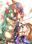  2girls animal_ears blue_flower blurry breasts brown_hair closed_mouth eyebrows_visible_through_hair fate/grand_order fate_(series) flower green_hair green_legwear hair_between_eyes hair_flower hair_ornament hand_on_another&#039;s_back kiyohime_(fate/grand_order) kneeling long_hair looking_at_viewer multiple_girls purple_flower purple_legwear red_flower shino_(eefy) tail tamamo_(fate)_(all) tamamo_no_mae_(fate) very_long_hair yellow_eyes 