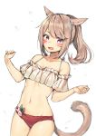  1girl animal_ears bangs bare_shoulders bikini brown_hair cat_ears cat_girl cat_tail collarbone commentary_request dutch_angle eyebrows_visible_through_hair facial_mark final_fantasy final_fantasy_xiv halter_top halterneck hands_up long_hair looking_at_viewer midorikawa_you miqo&#039;te navel off_shoulder open_mouth ponytail red_bikini_bottom sidelocks simple_background solo stomach swimsuit tail tail_raised violet_eyes water_drop white_background white_bikini_top 