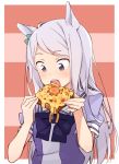  133431km 1girl animal_ears aqua_bow blush bow bowtie eating eyebrows_visible_through_hair fingernails food hair_bow holding holding_food horse_ears horse_girl long_hair looking_down mejiro_mcqueen open_mouth puffy_short_sleeves puffy_sleeves purple_bow short_sleeves silver_hair toast umamusume upper_body violet_eyes 