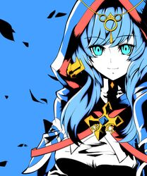  1girl blue_eyes blue_hair breasts cleavage cloak earrings elsword hair_ornament hood jewelry long_hair priestess sasha_(elsword) simple_background smile soo_(vyve2555) symbol 