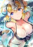  1girl bikini black_bikini black_ribbon blonde_hair blue_eyes blue_jacket braid breasts cleavage collarbone cowboy_shot eyebrows_visible_through_hair fate/apocrypha fate_(series) floating_hair hair_between_eyes hair_ribbon highres jacket jeanne_d&#039;arc_(fate) jeanne_d&#039;arc_(fate)_(all) large_breasts long_hair looking_at_viewer navel ogata_tei open_clothes open_jacket ponytail ribbon sideboob single_braid smile solo sunlight swimsuit very_long_hair 