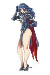  1girl alternate_costume andyface armor artist_name blue_dress blue_hair blush breastplate cape closed_eyes commentary dress english_commentary fire_emblem fire_emblem_heroes gauntlets hand_on_hip hand_on_own_head high_heels highres legs long_hair lucina pauldrons side_slit thick_thighs thighs tiara 