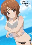  1girl absurdres bangs bikini black_bikini blue_sky blurry blurry_background breasts brown_eyes brown_hair closed_mouth clouds cloudy_sky commentary_request cowboy_shot dated depth_of_field dutch_angle excel_(shena) eyebrows_visible_through_hair girls_und_panzer highres lifted_by_self light_frown looking_at_viewer lowleg lowleg_bikini medium_breasts nishizumi_miho no_pants ocean partial_commentary shirt shirt_lift short_hair side-tie_bikini sky solo swimsuit twitter_username undressing watermark white_shirt 